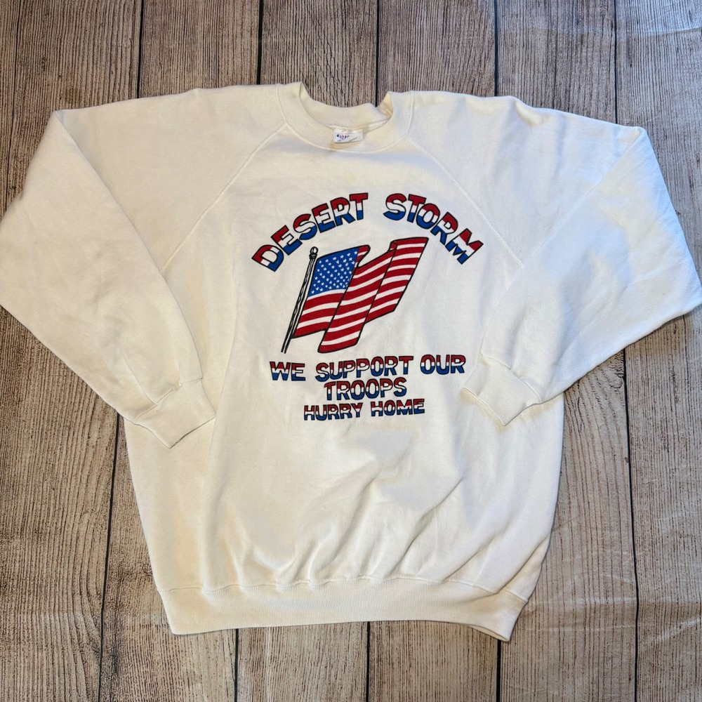 Vintage 90s Desert Storm Sweatshirt Womens XL Hanes Made In USA Flag Military